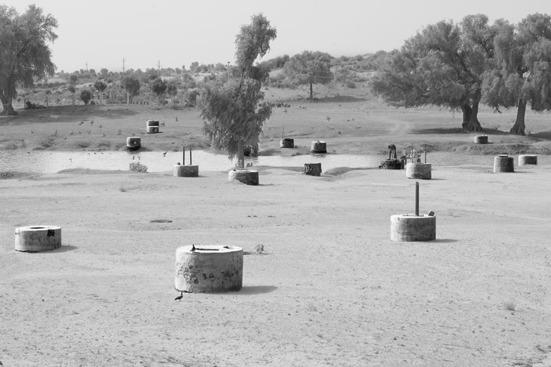 A view of the main drinking water supply site in the village comprising a large catchment (paitan), a pond (johad) and shallow wells (kuiyan) - village Binjharwali, Bikaner district, Rajasthan
